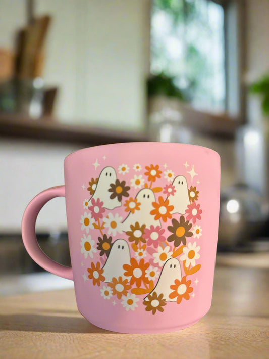 Fig & Fern Pink Halloween Ghosts Flowers Pink Interior Coffee Mug Cup 4" Tall x 4.25" Wide New