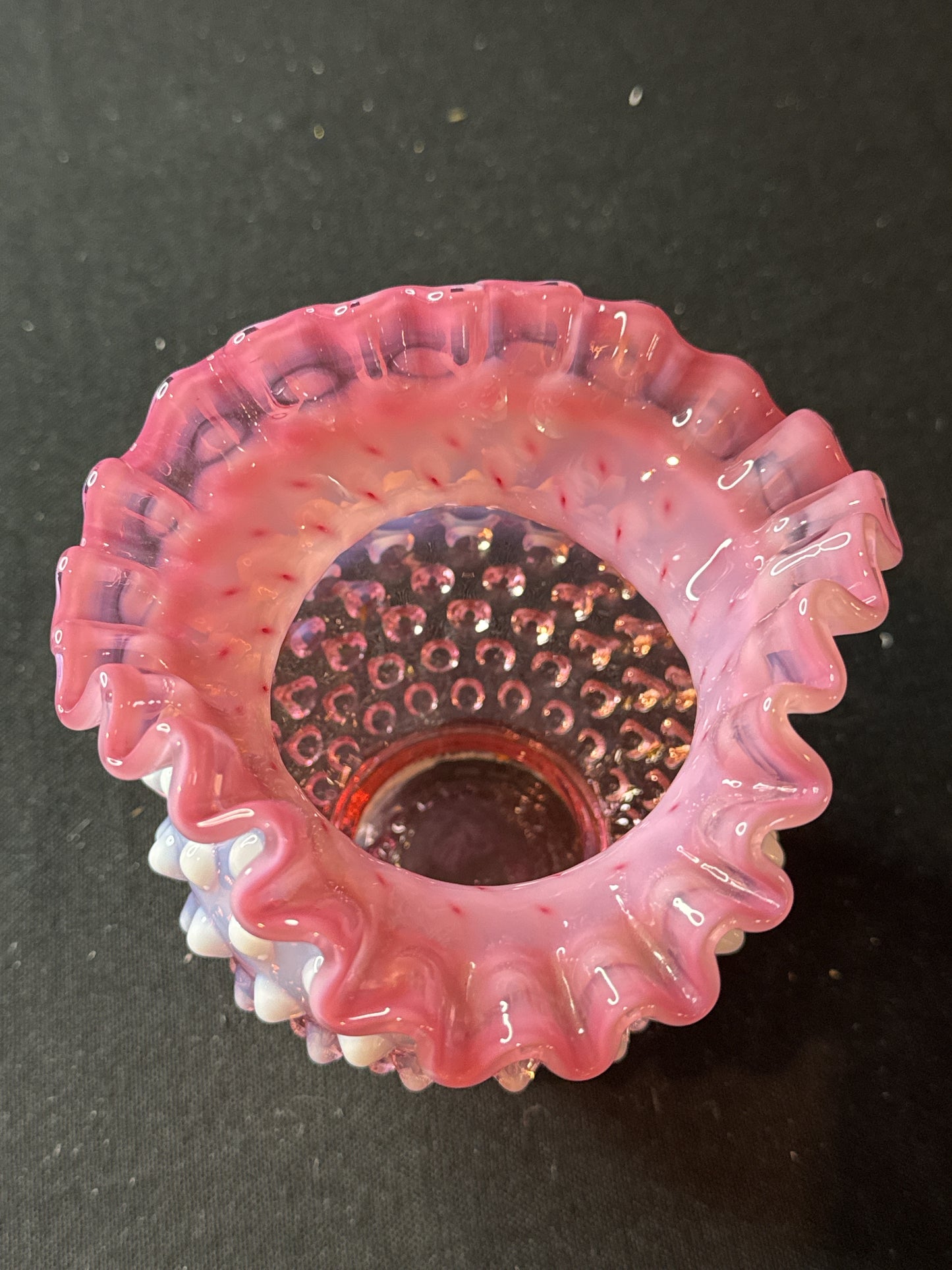Fenton Hobnail Cranberry Opalescent Vintage Ruffled Vase 4.5" Tall