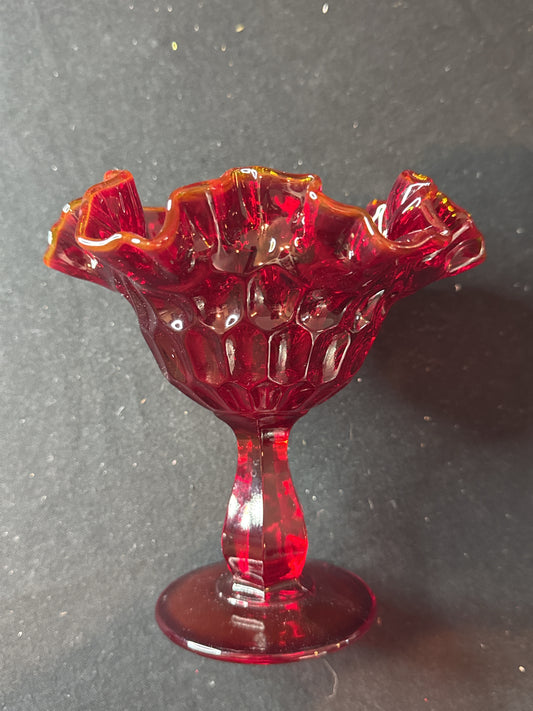 Fenton Glass Ruby Red Ruffled Thumbprint Pedestal Candy Dish Amberina Crest Glows 6"