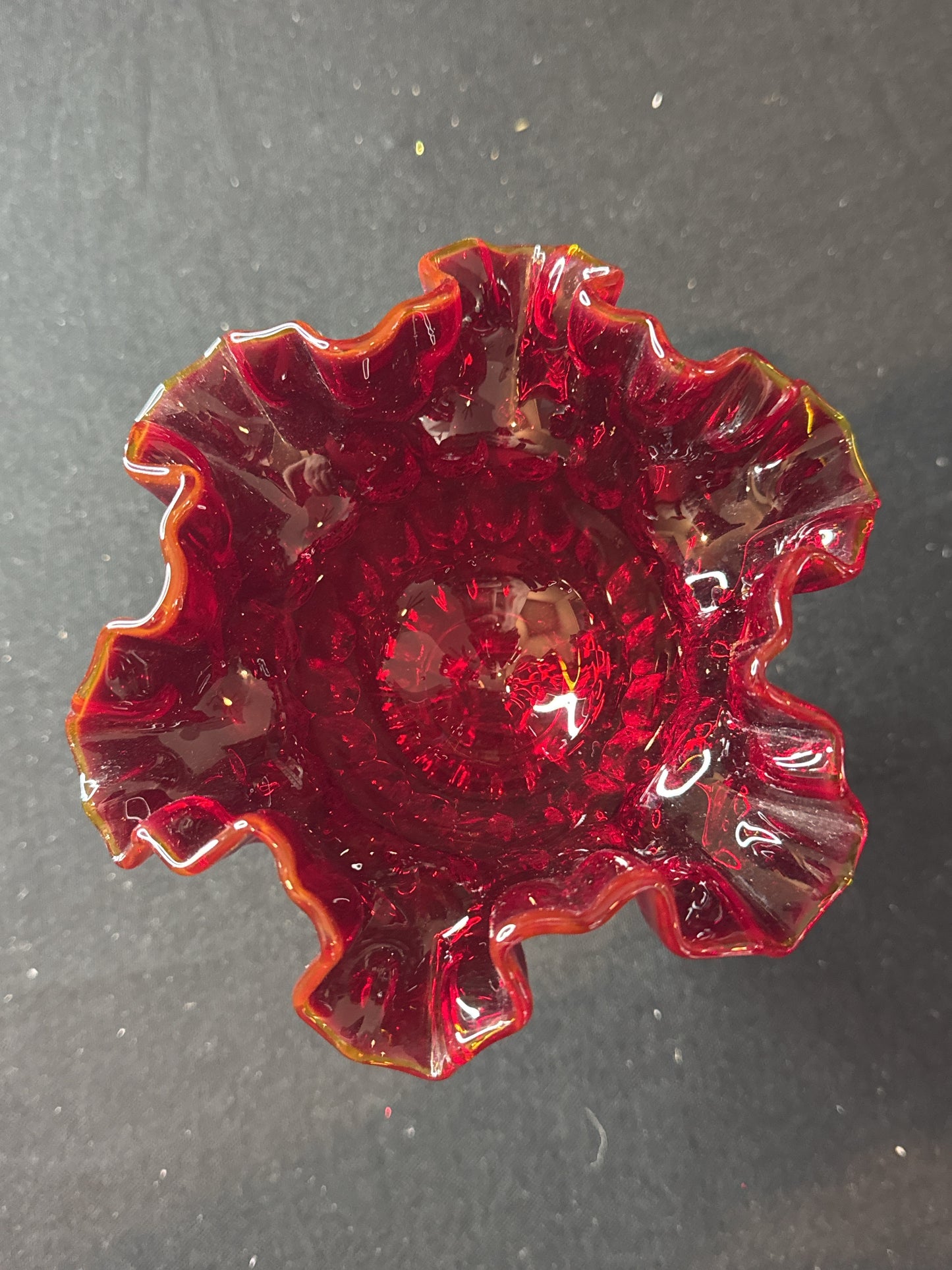 Fenton Glass Ruby Red Ruffled Thumbprint Pedestal Candy Dish Amberina Crest Glows 6"