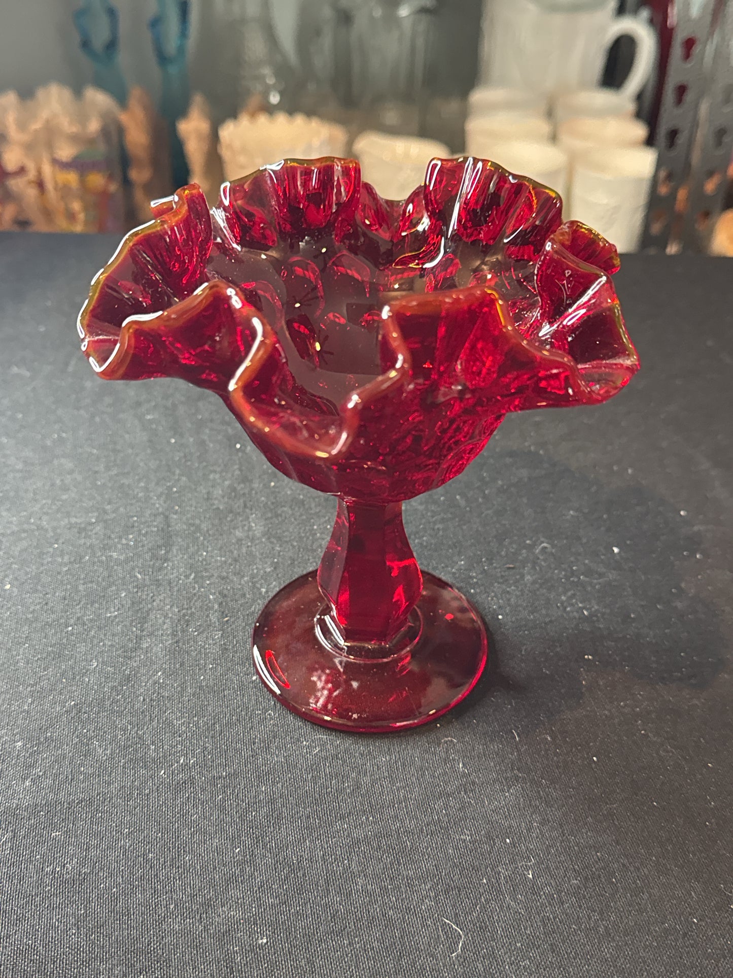 Fenton Glass Ruby Red Ruffled Thumbprint Pedestal Candy Dish Amberina Crest Glows 6"