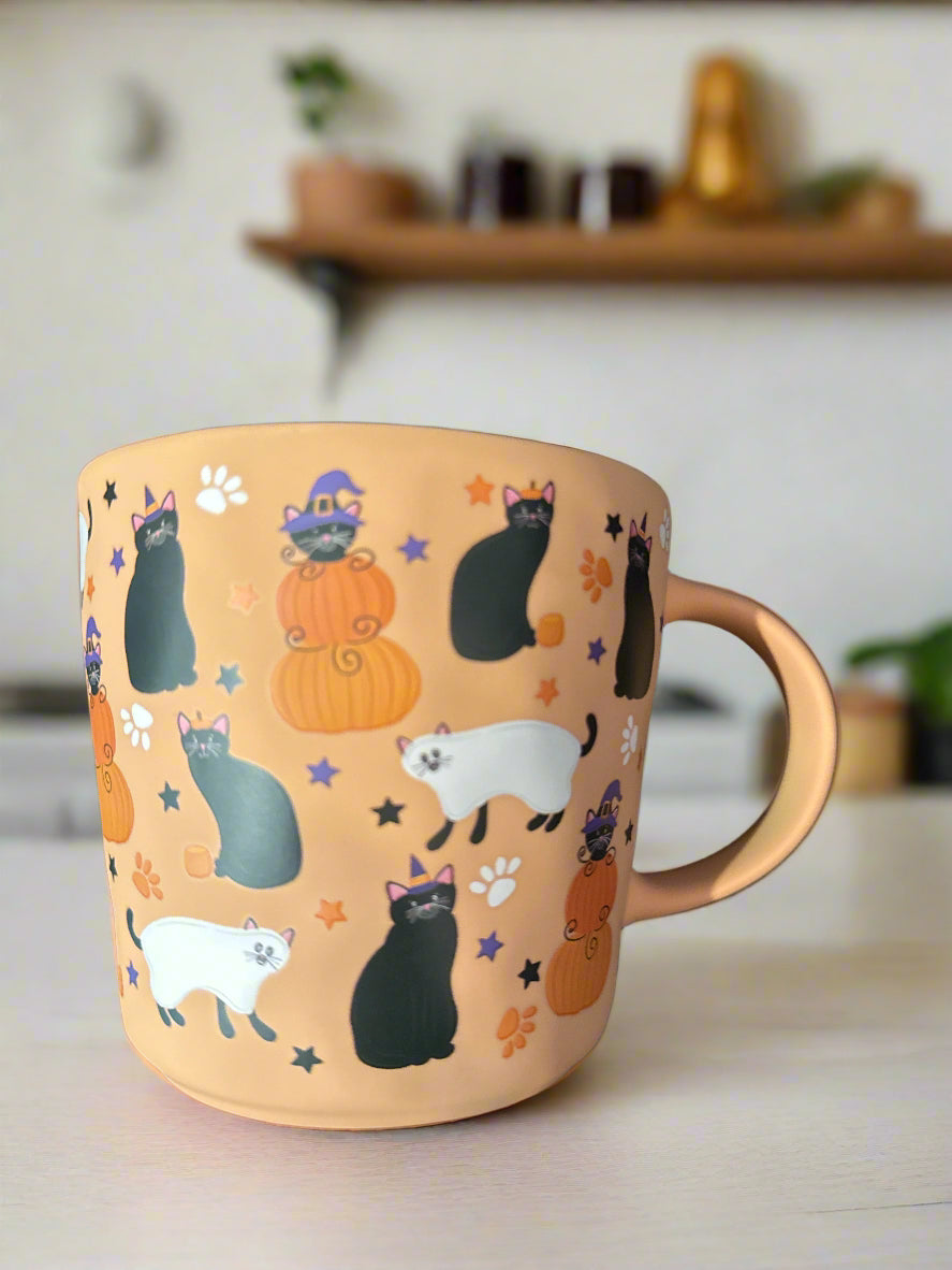 Orange Halloween Cats Pumpkins Orange Interior Coffee Cup Mug 4 1/8" Tall 20oz New