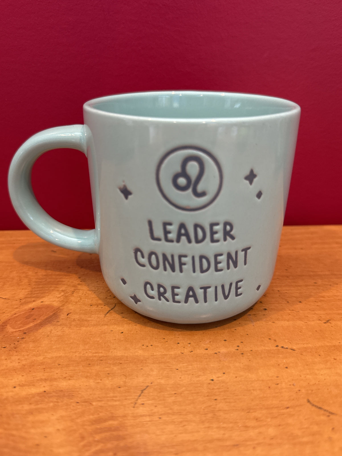 Wild Sage Leo Zodiac Mug, Aqua “Leader Confident Creative” Design New 3 7/8" Tall