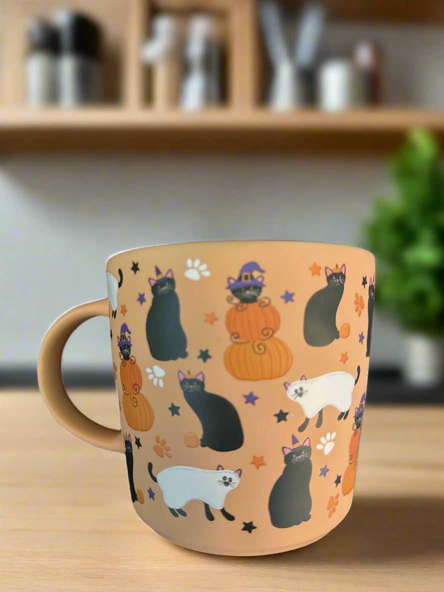 Orange Halloween Cats Pumpkins Orange Interior Coffee Cup Mug 4 1/8" Tall 20oz New