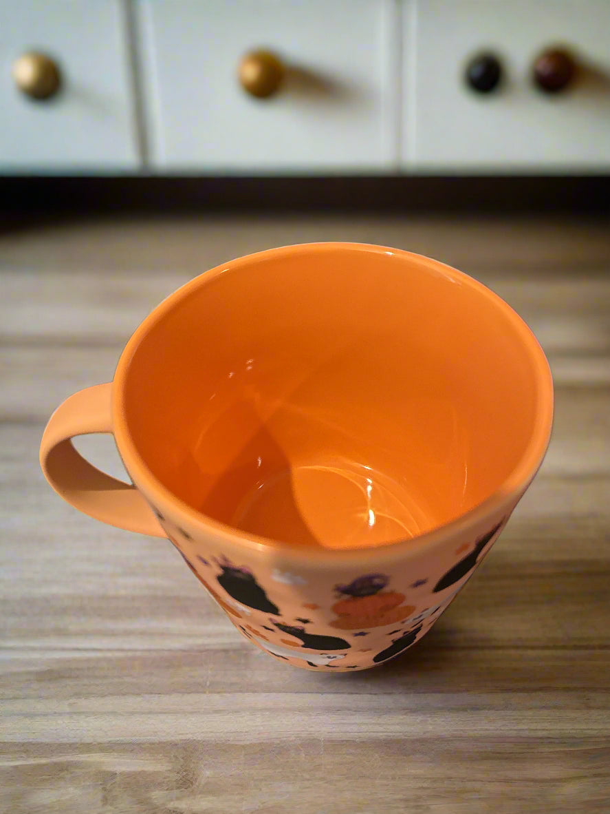 Orange Halloween Cats Pumpkins Orange Interior Coffee Cup Mug 4 1/8" Tall 20oz New