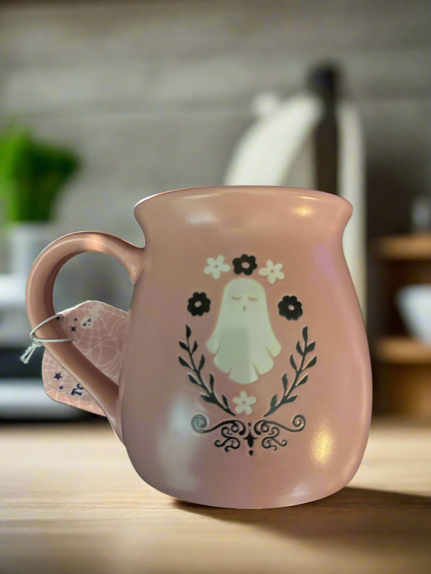 Pink Halloween Ghost Pink Interior Coffee Cup Mug Large 20oz Belly Mug 4.25" Tall New