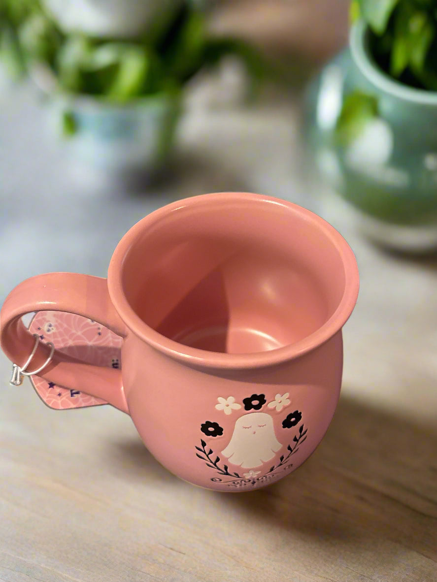 Pink Halloween Ghost Pink Interior Coffee Cup Mug Large 20oz Belly Mug 4.25" Tall New