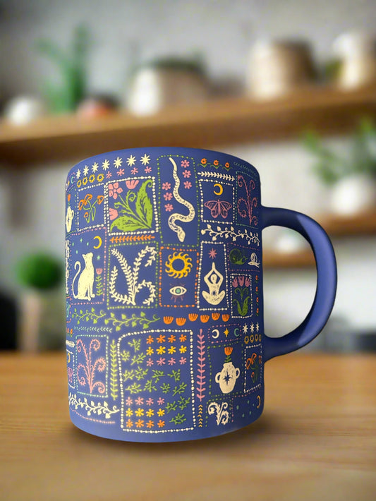 Blue Violet Interor Halloween Cat Snake Chakra Symbology Coffee Cup Mug 4.75" Tall 20oz New