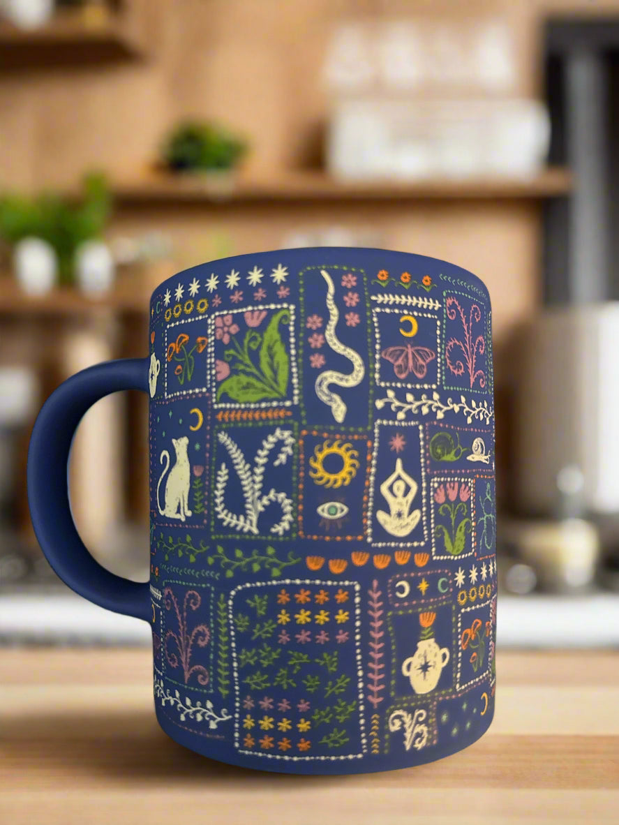 Blue Violet Interor Halloween Cat Snake Chakra Symbology Coffee Cup Mug 4.75" Tall 20oz New