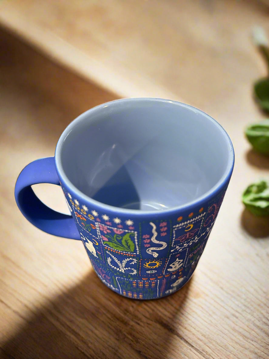 Blue Violet Interor Halloween Cat Snake Chakra Symbology Coffee Cup Mug 4.75" Tall 20oz New