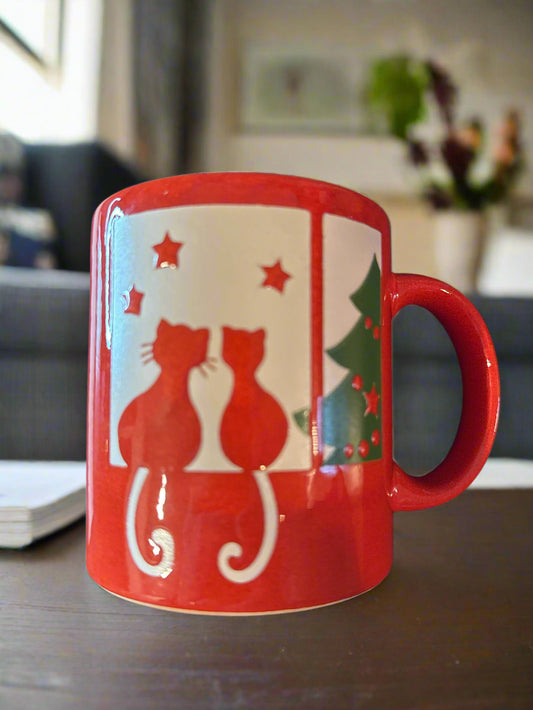 Christmas Cats in Windo Waechtersbach Red Coffee Mug Cup Germany Tree & Stars 3.75" Tall