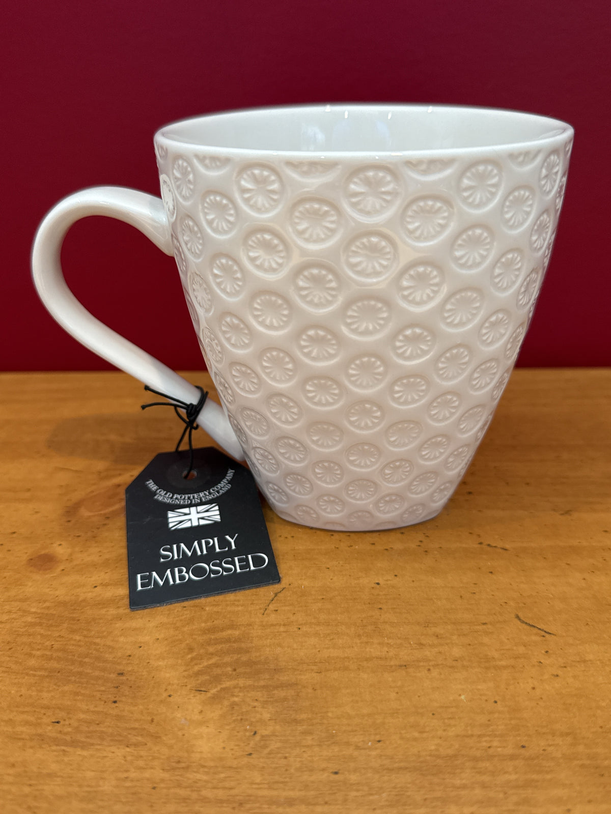 The Old Pottery Company White Embossed Floral Mug, Simply Embossed New 4 3/8" Tall