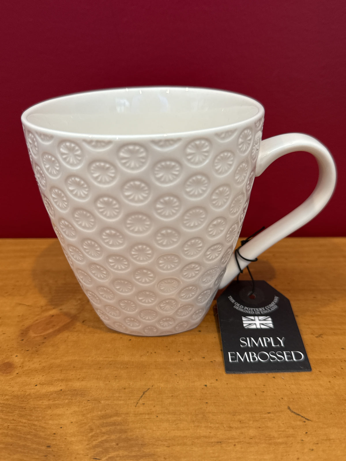 The Old Pottery Company White Embossed Floral Mug, Simply Embossed New 4 3/8" Tall