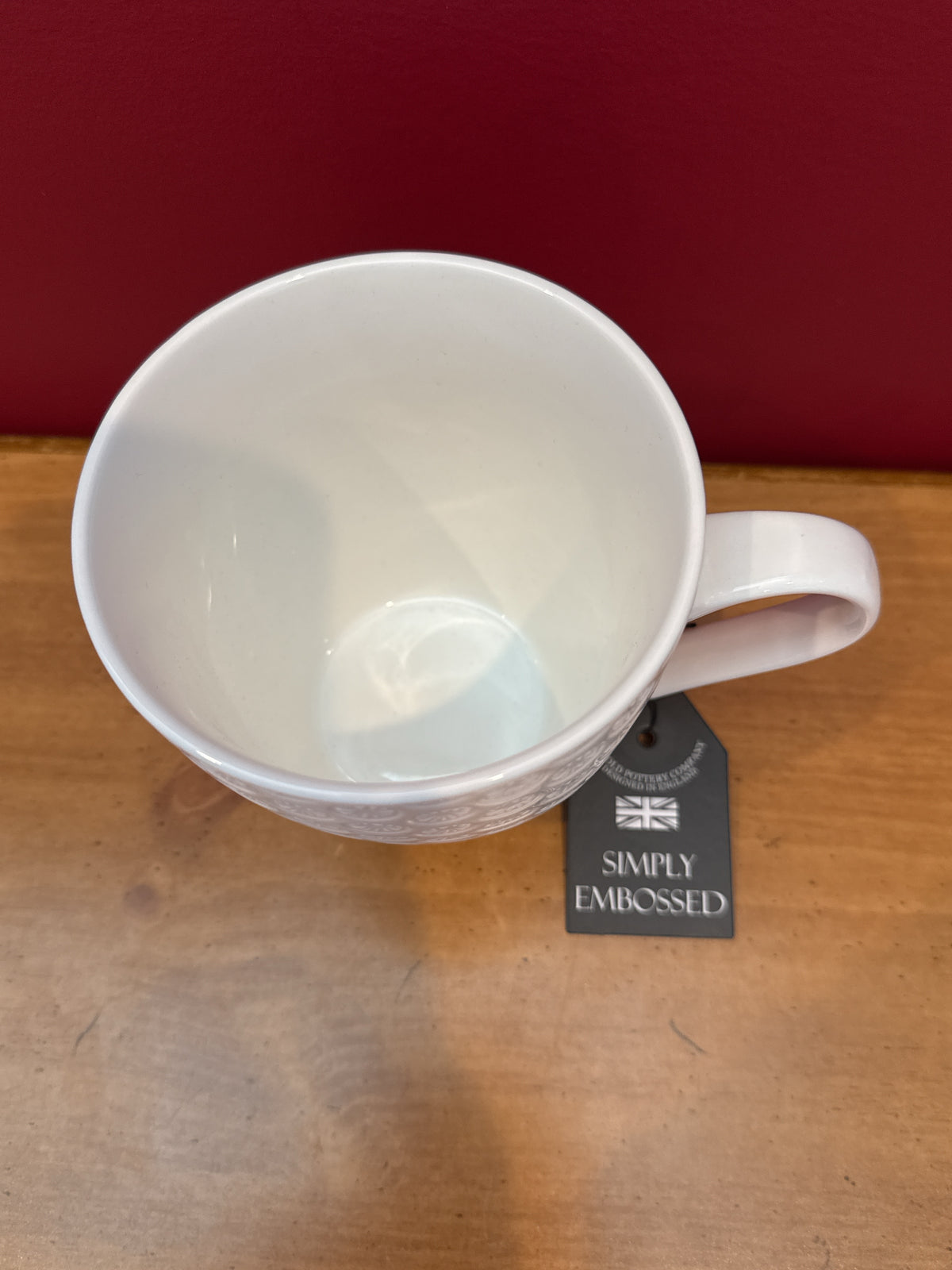 The Old Pottery Company White Embossed Floral Mug, Simply Embossed New 4 3/8" Tall