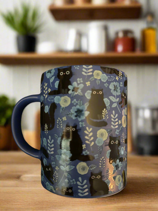 Blue w/ Blue Interior Halloween Black Cat Floral Coffee Mug Cup 4.5" Tall Fig & Fern New