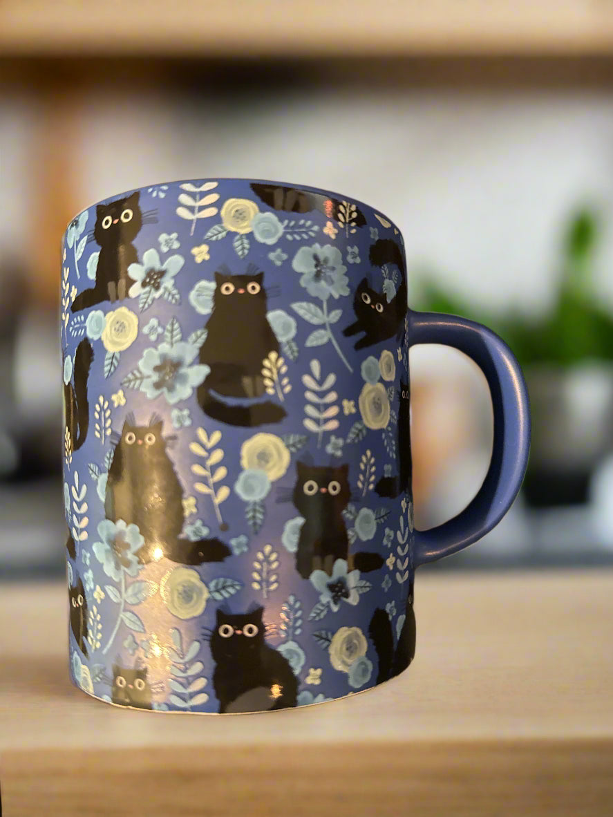 Blue w/ Blue Interior Halloween Black Cat Floral Coffee Mug Cup 4.5" Tall Fig & Fern New