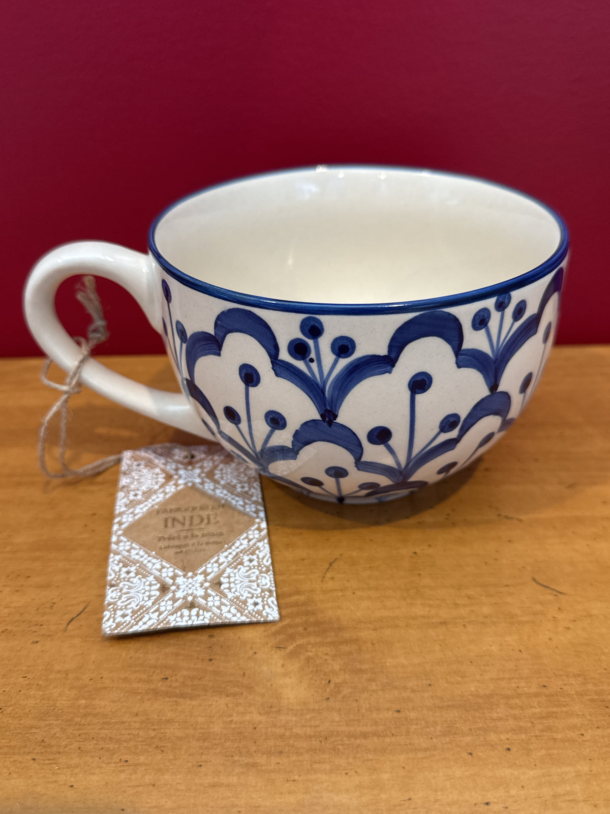Blue & White Hand-Painted Floral Coffee Mug, Made in India New 3.5" Tall