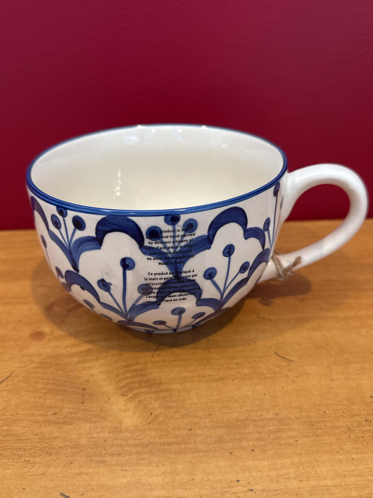 Blue & White Hand-Painted Floral Coffee Mug, Made in India New 3.5" Tall