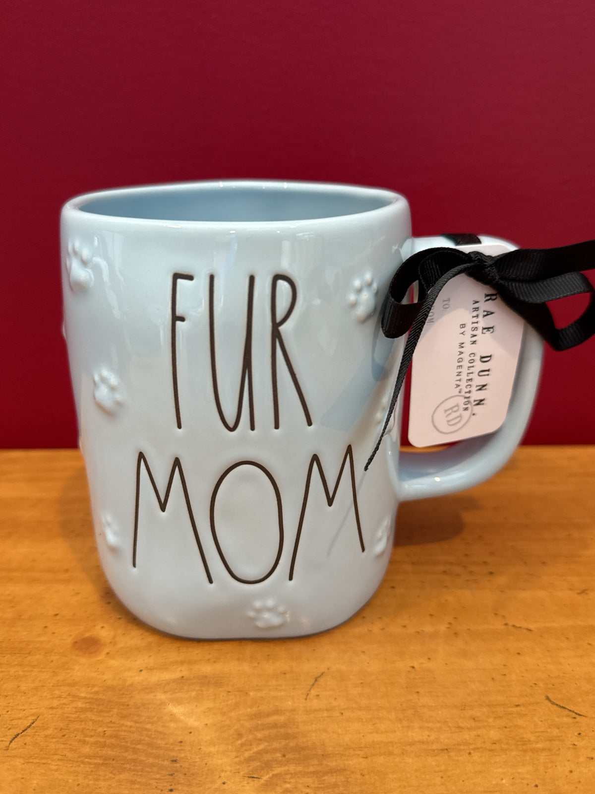 Rae Dunn “FUR MOM” Light Blue Paw Print Mug by Magenta New 4 7/8" Tall