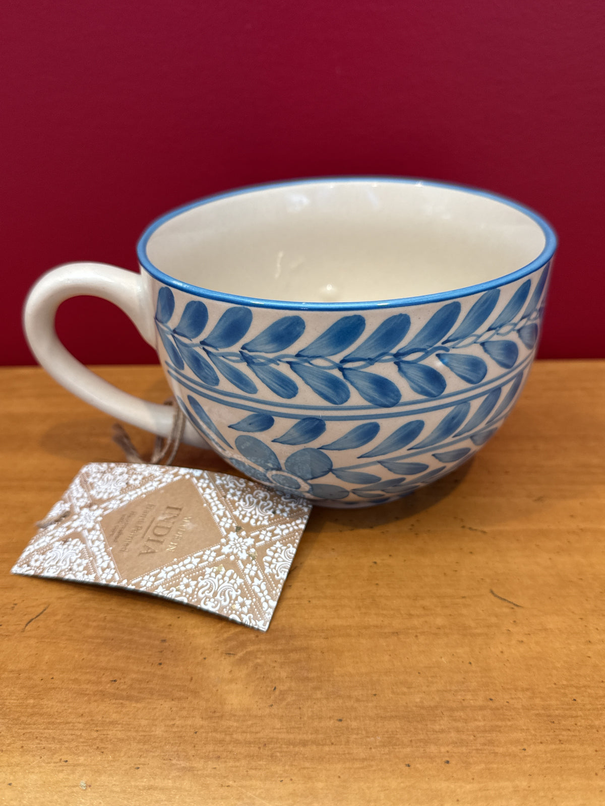 Blue & White Hand-Painted Leaf and Floral Coffee Mug, Made in India New 3.5" Tall