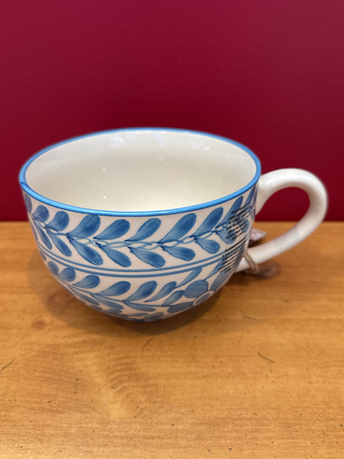 Blue & White Hand-Painted Leaf and Floral Coffee Mug, Made in India New 3.5" Tall