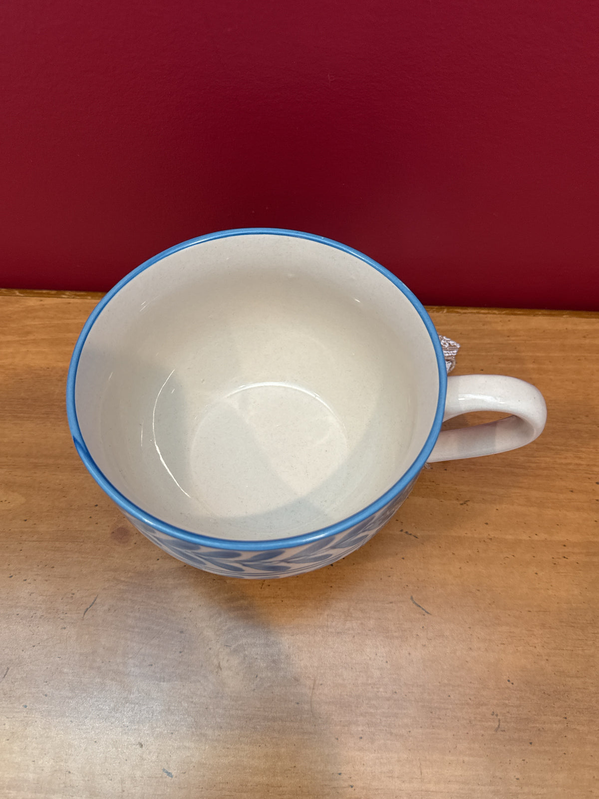 Blue & White Hand-Painted Leaf and Floral Coffee Mug, Made in India New 3.5" Tall