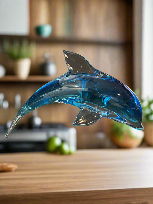 Large Crystal Blue Glass Art Dolphin Rare Find! 9.5" Long