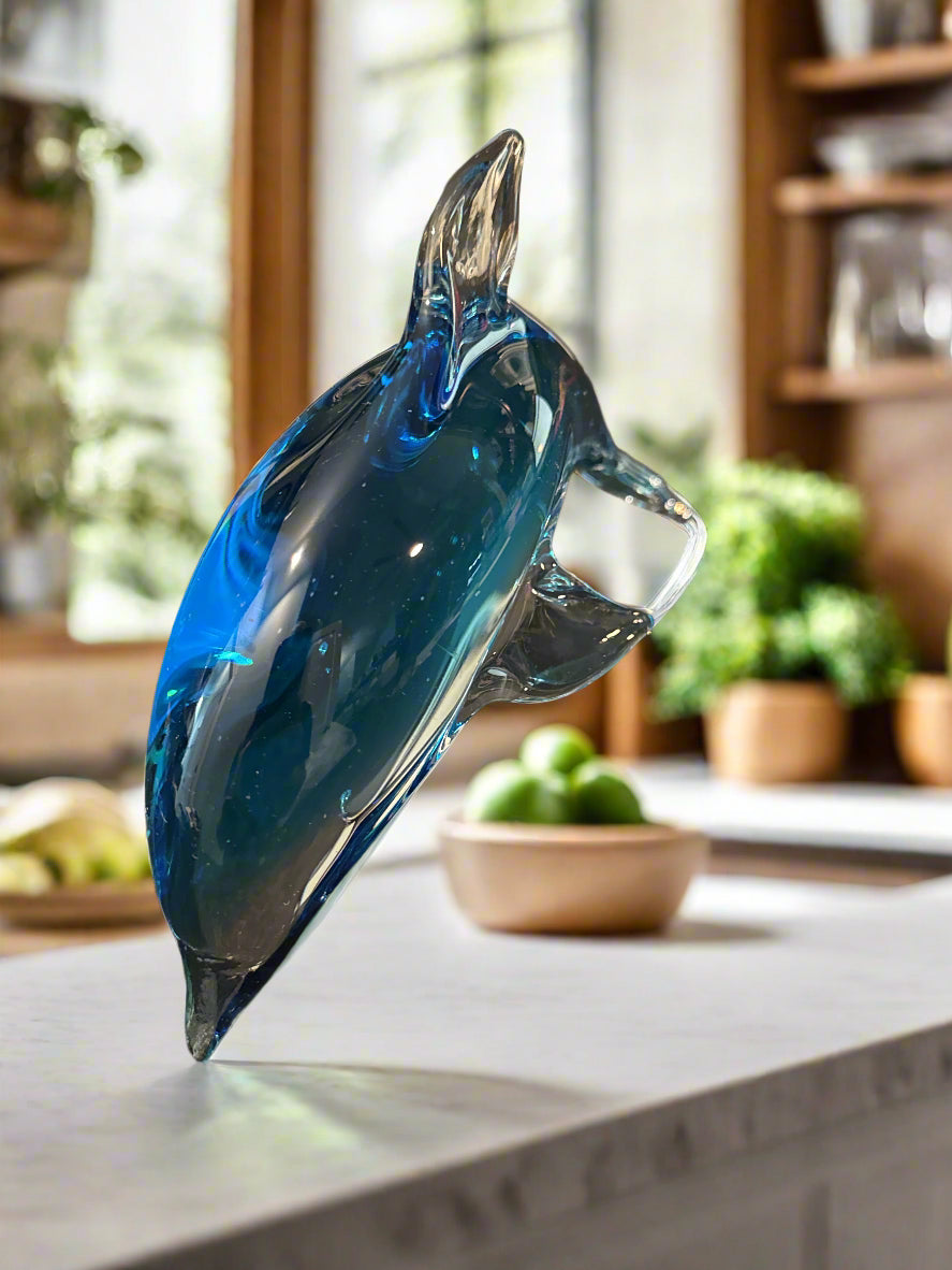 Large Crystal Blue Glass Art Dolphin Rare Find! 9.5" Long