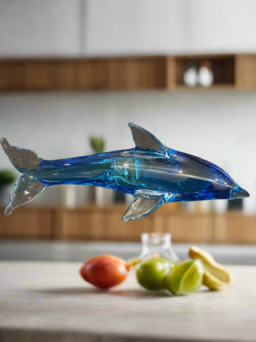 Large Crystal Blue Glass Art Dolphin Rare Find! 9.5" Long