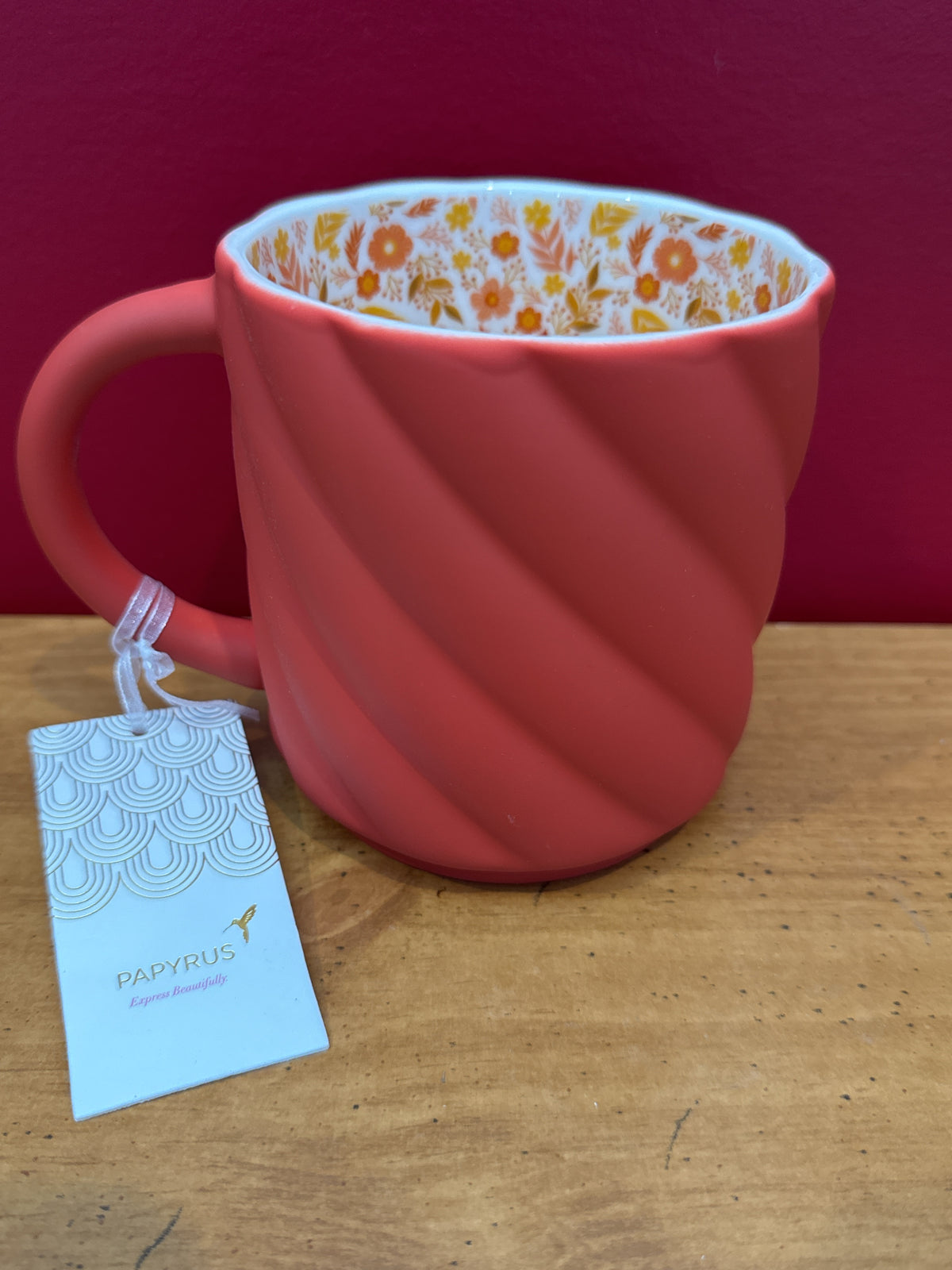 Papyrus Coral Swirl Mug with Floral Interior New 4.25" Tall