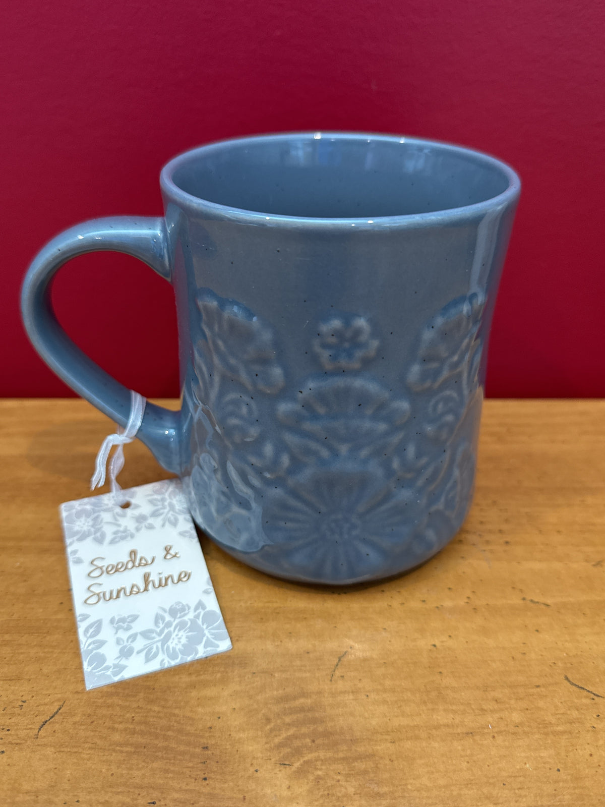 Seeds & Sunshine Blue Embossed Floral Coffee Mug New 4 5/8" Tall