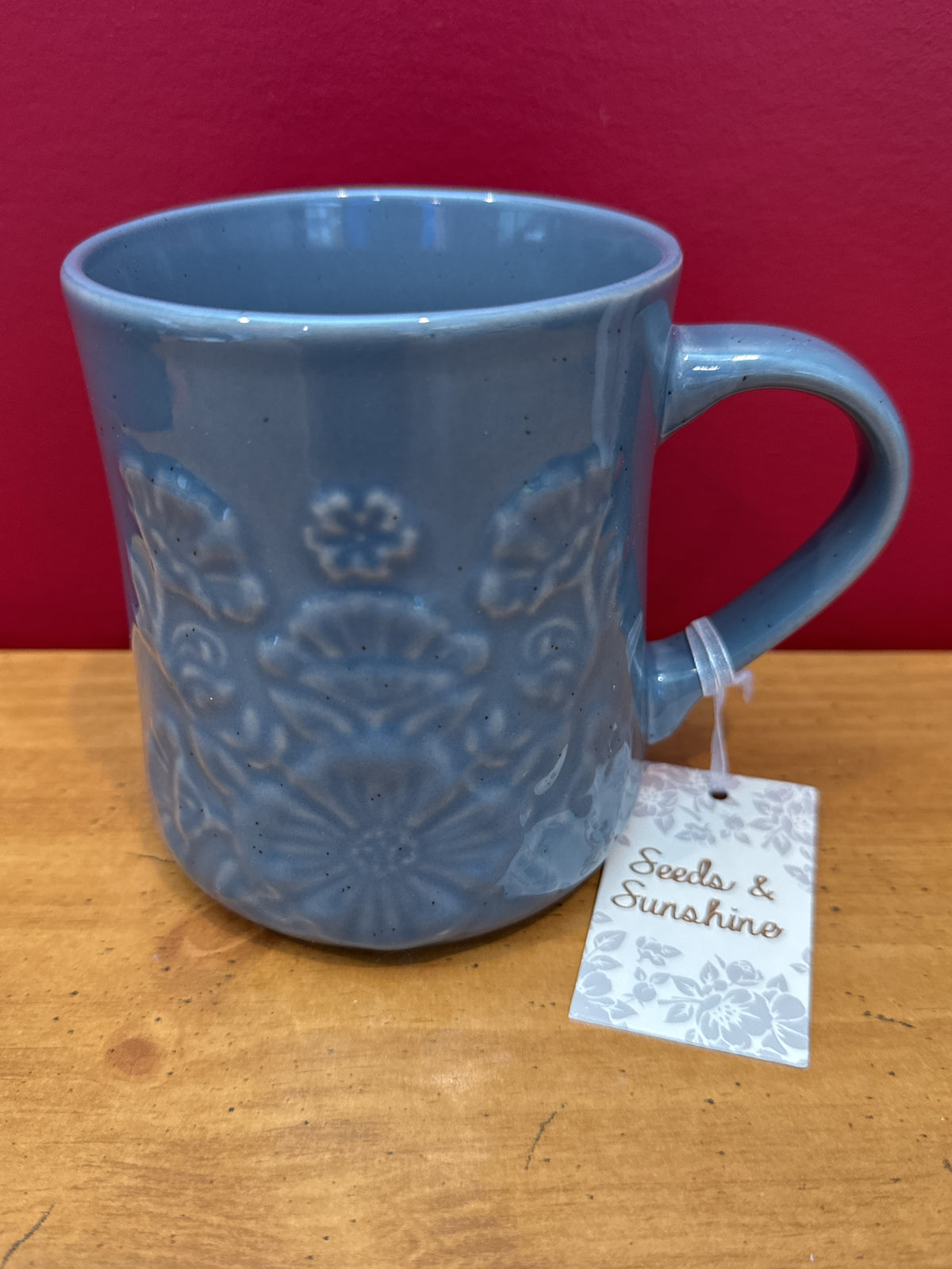 Seeds & Sunshine Blue Embossed Floral Coffee Mug New 4 5/8" Tall