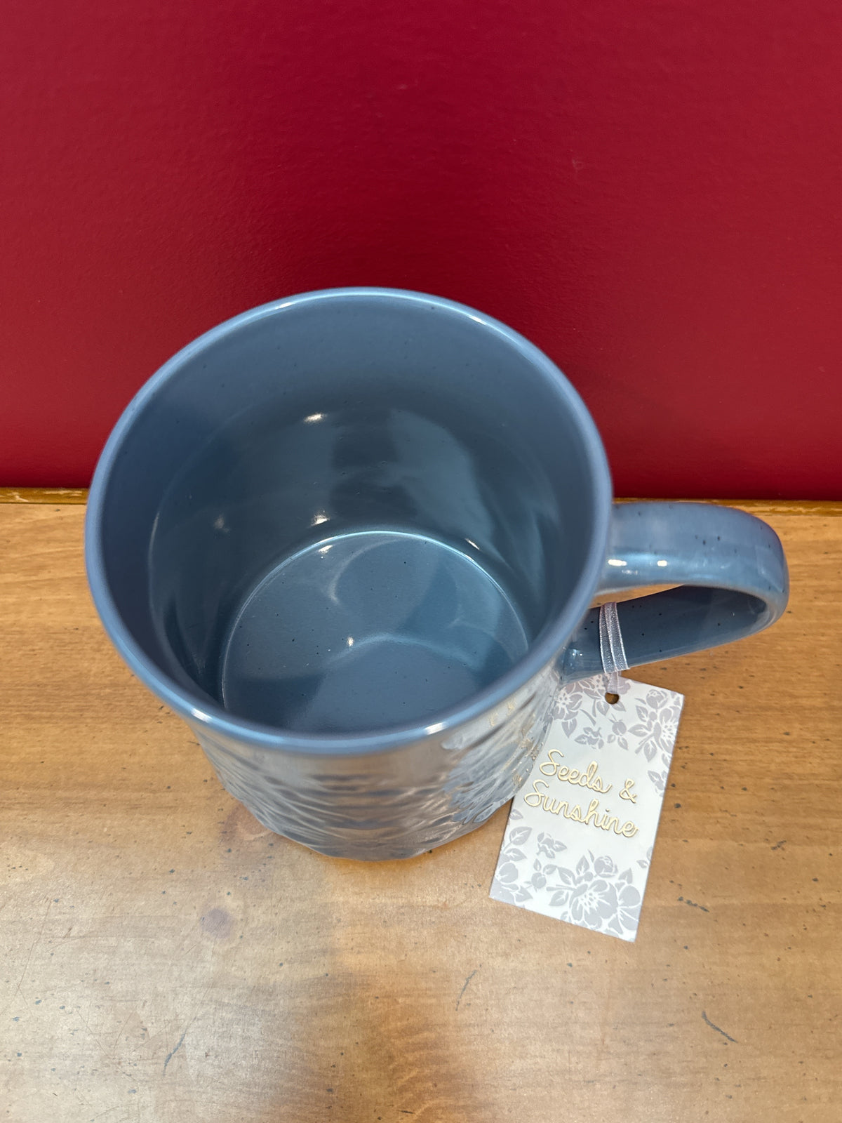 Seeds & Sunshine Blue Embossed Floral Coffee Mug New 4 5/8" Tall