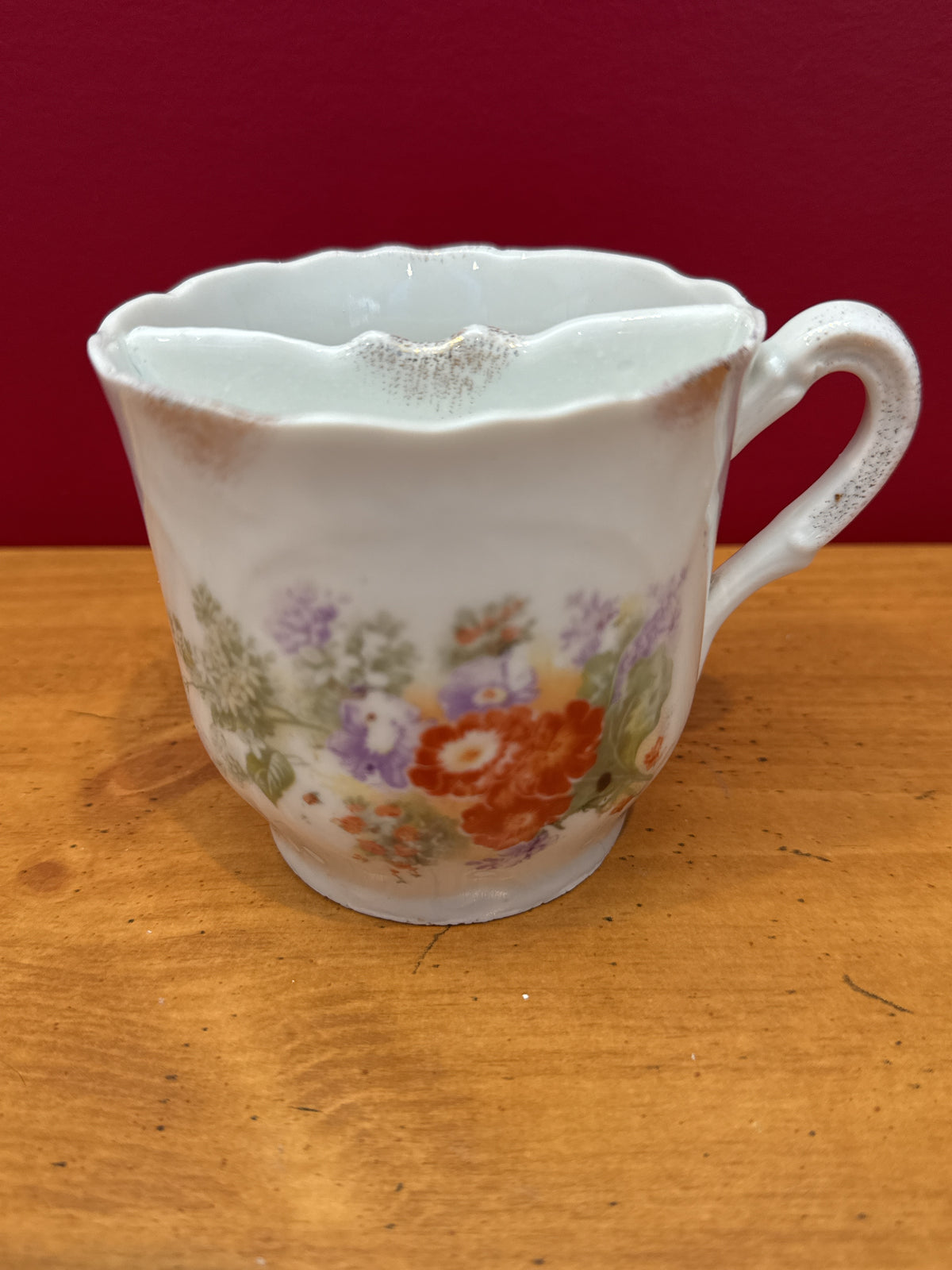 Floral Mustache Cup with Scalloped Rim & Gold-Tone Accents 3.5" Tall