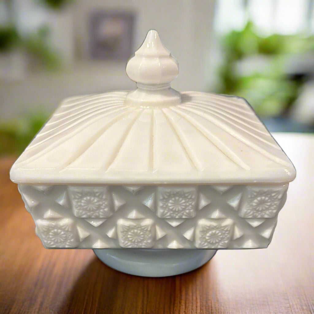 Vintage Westmoreland Milk Glass Old Quilt Pattern Covered Candy Dish 5" Tall