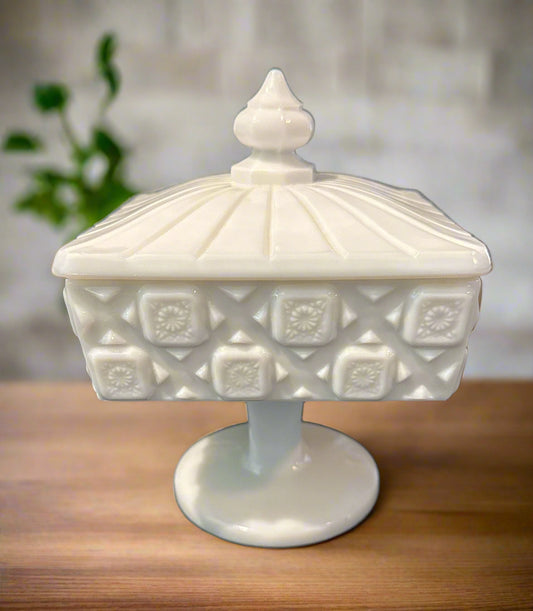 Vintage Westmoreland Milk Glass Covered Pedestal Candy Dish Old Quilt Pattern 7" Tall
