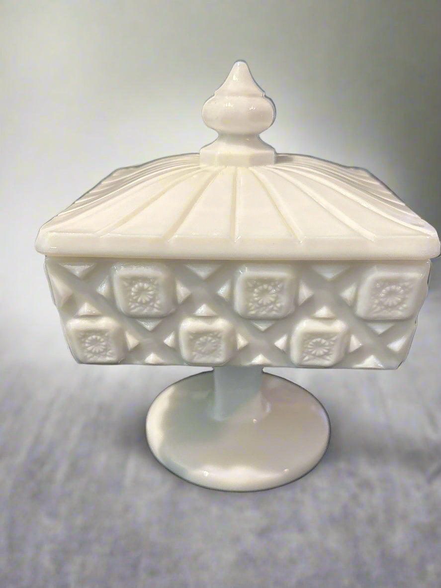 Vintage Westmoreland Milk Glass Covered Pedestal Candy Dish Old Quilt Pattern 7" Tall