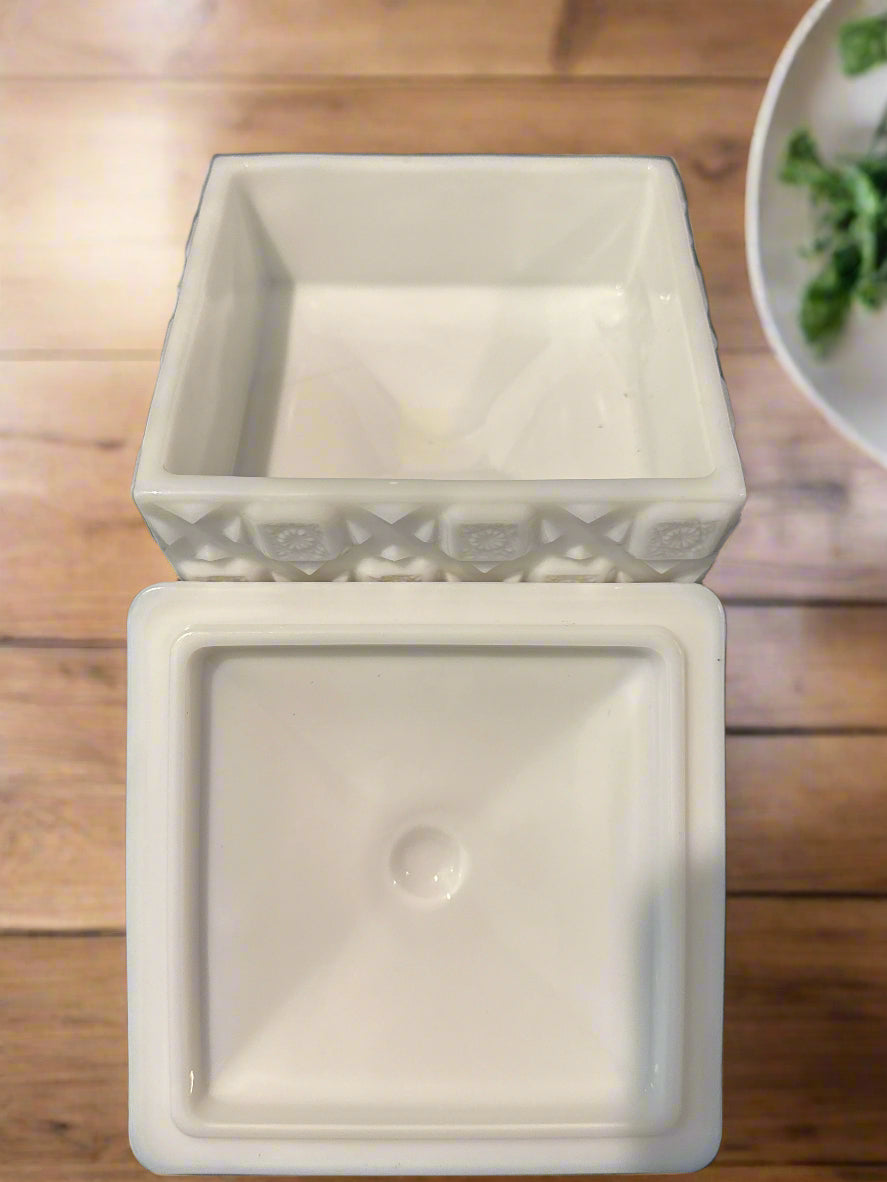 Vintage Westmoreland Milk Glass Covered Pedestal Candy Dish Old Quilt Pattern 7" Tall