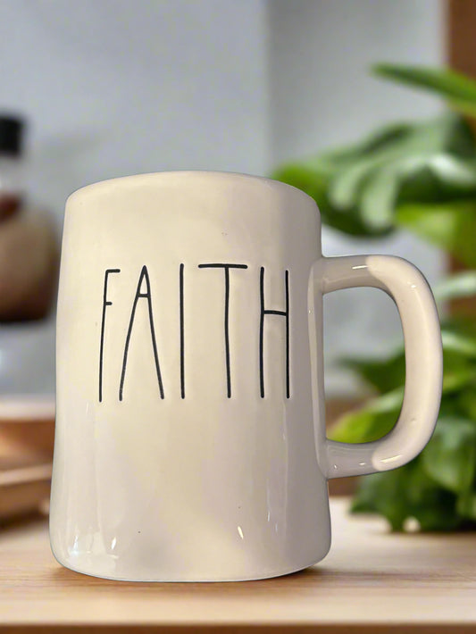 Rae Dunn Faith Coffee Mug Cup White with Long Letters Magenta 4.75" Tall