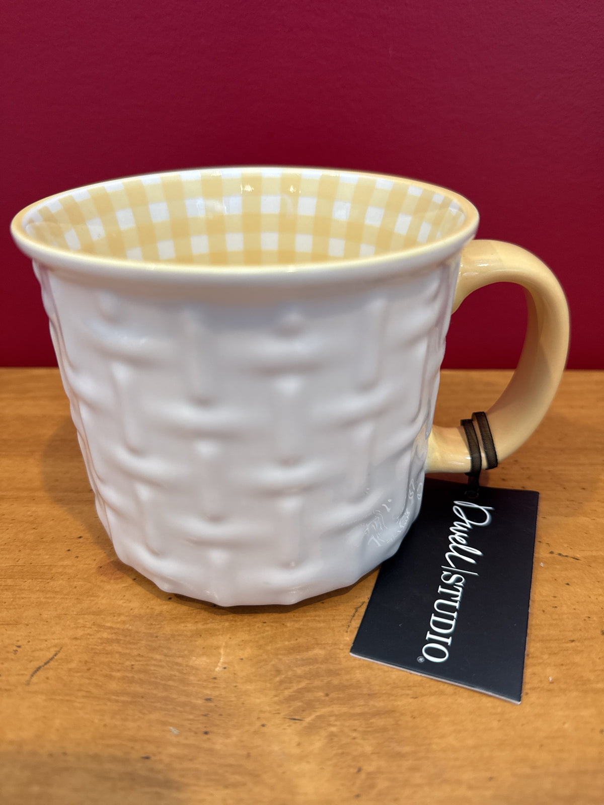 Dwell Studio White Basketweave Mug with Yellow Gingham Interior New 3.75" Tall