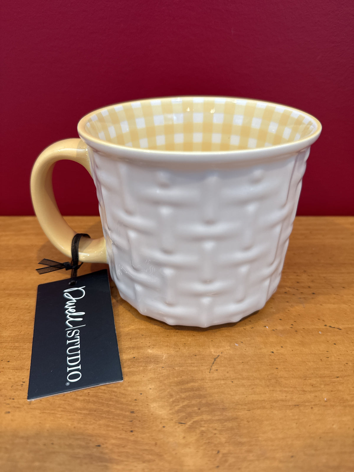 Dwell Studio White Basketweave Mug with Yellow Gingham Interior New 3.75" Tall