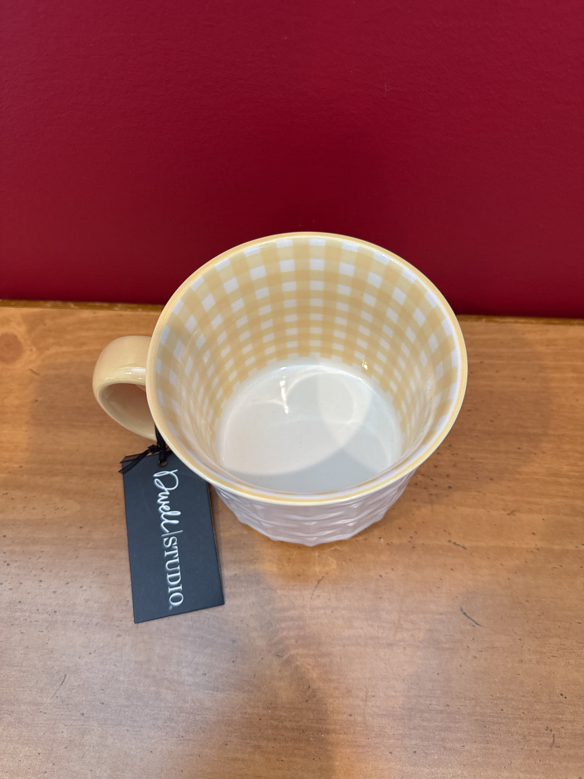 Dwell Studio White Basketweave Mug with Yellow Gingham Interior New 3.75" Tall
