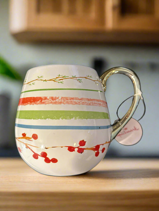 Hallmark Cards Coffee Cup Mug Belly Mug Rose Hips Branches Stripes 4.5" Tall New With Tags