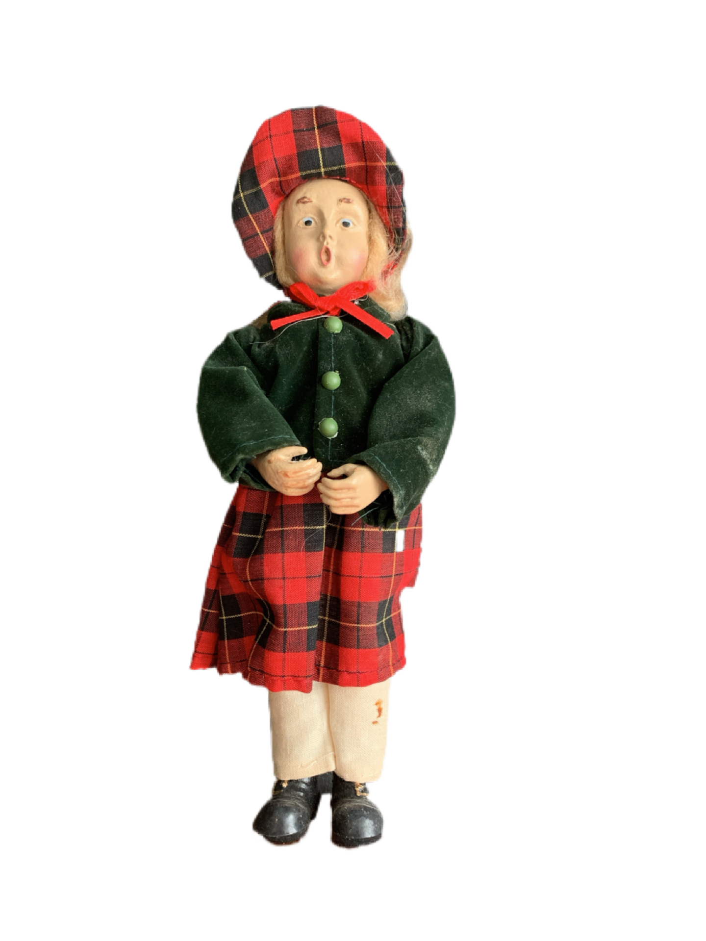 Christmas Caroler Doll Figurine on Wooden Stand.