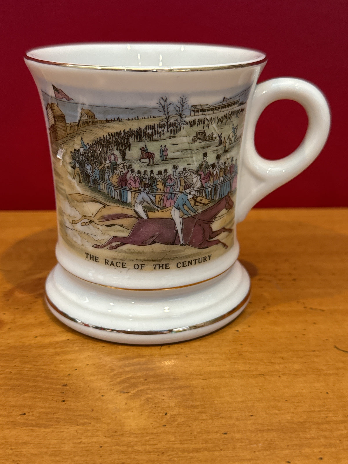 “The Race of the Century” Horse Racing Mustache Cup with Gold-Tone Trim 4" Tall