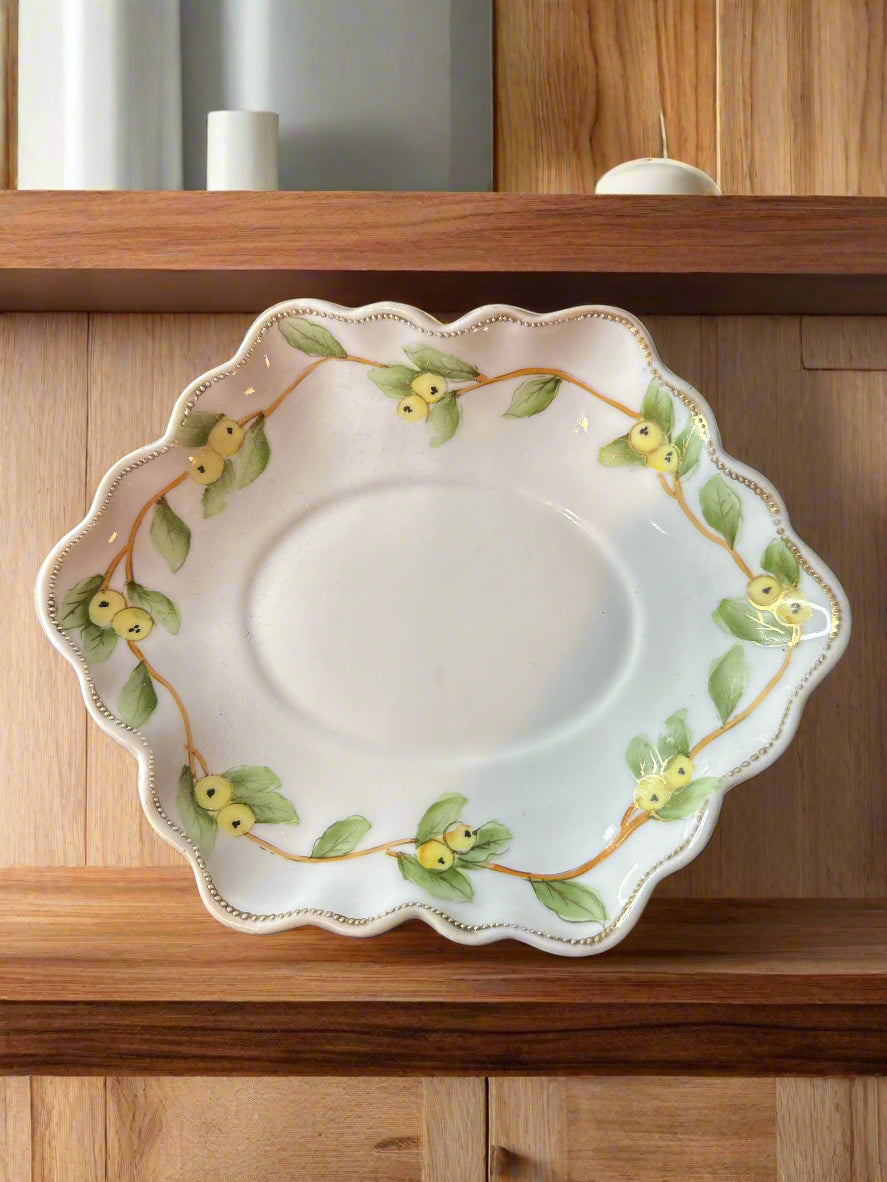 Small Soup Dish China Plate Coaster Green Leaves 7" x 5.5"