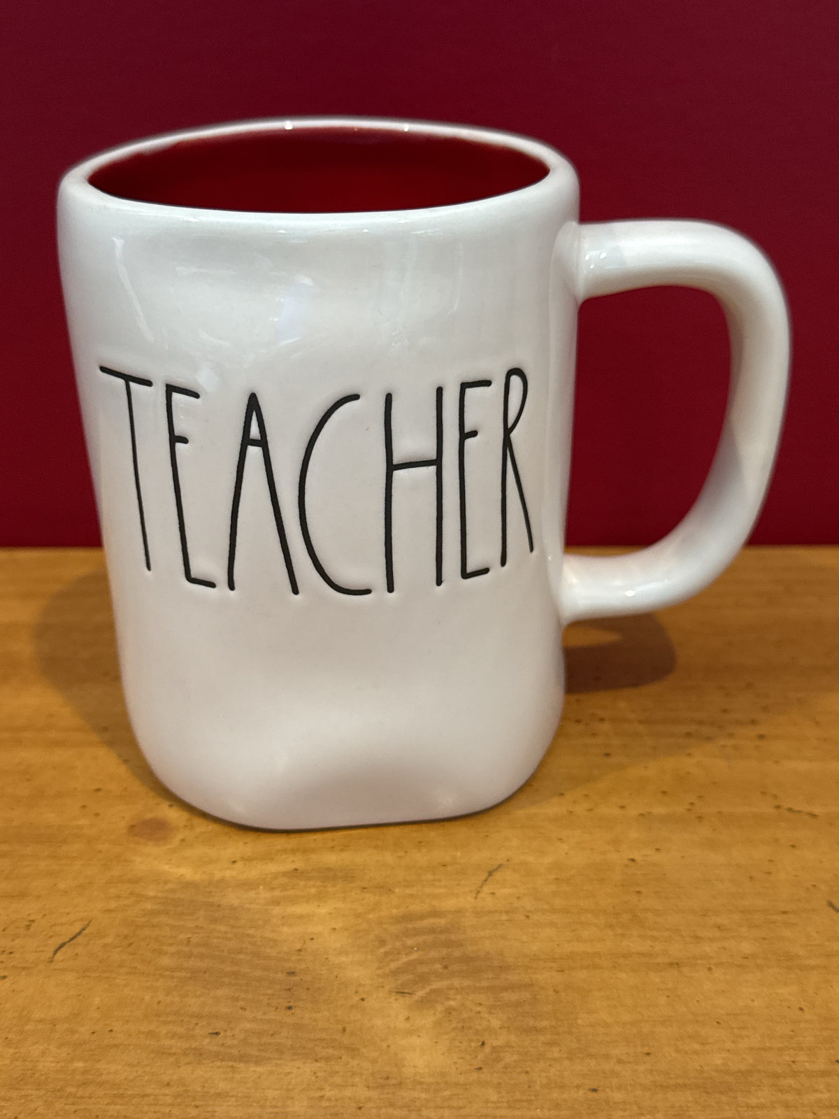 Rae Dunn “TEACHER” White Coffee Mug with Red Interior by Magenta New 4 7/8" Tall