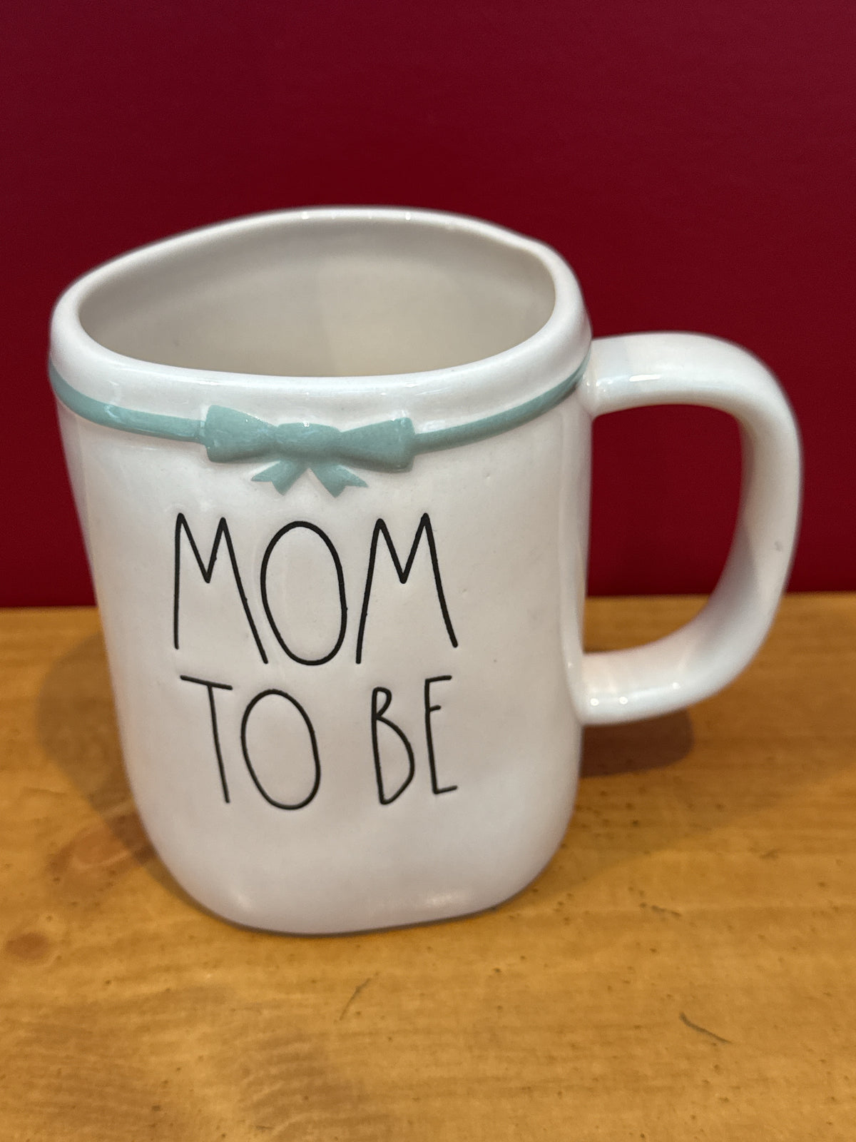 Rae Dunn “MOM TO BE” White Coffee Mug with Aqua Bow by Magenta