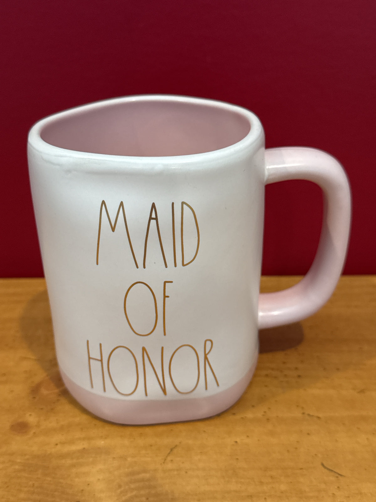 Rae Dunn “MAID OF HONOR” Coffee Mug with Pink Accents & Gold-Tone Lettering 4 7/8" Tall