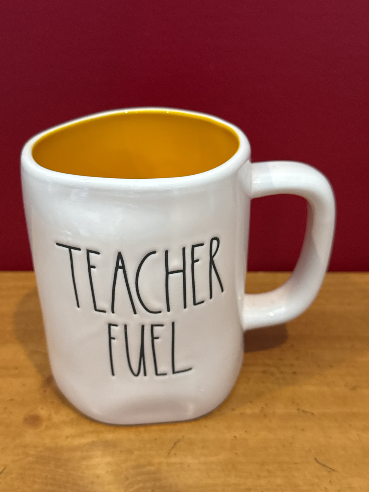 Rae Dunn “TEACHER FUEL” Coffee Mug with Yellow Interior & Apple Design New 4 7/8" Tall